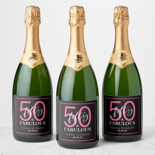 Vijftig & Fantastisch Zwarte Script 50ste Verjaard Sparkling Wijnetiket (Flessen)