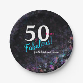 Vijftig fantastische jaren roze, zilveren blauwgro papieren bordje