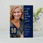 Vijftig Foto Blue & Gold 50th Birthday Party Real Folie Uitnodiging (Staand Voorkant)