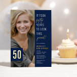 Vijftig Foto Blue & Gold 50th Birthday Party Real Folie Uitnodiging<br><div class="desc">Geniet in stijl met deze hedendaagse feestdag voor de 50ste verjaardag van de folie,  met uitnodigingen op een schitterende blauwe achtergrond,  een foto van de verjaardagsjongen/het meisje,  het grappige gezegde "het duurde 50 jaar om er zo goed uit te zien!",  en een eenvoudige tekst-sjabloon die gemakkelijk te personaliseren is.</div>