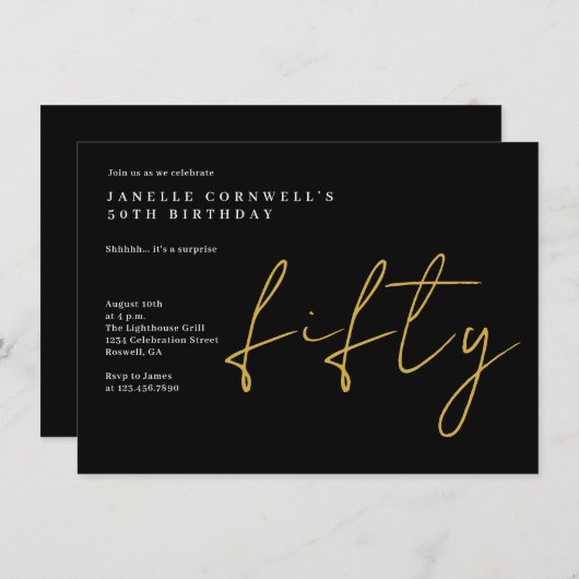 Vijftig | Goud en zwart Modern 50e verjaardagsfees Kaart (Voorkant / Achterkant)