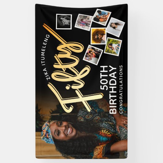 Vijftig gouden 50e verjaardag foto's op zwart spandoek (Verticaal)