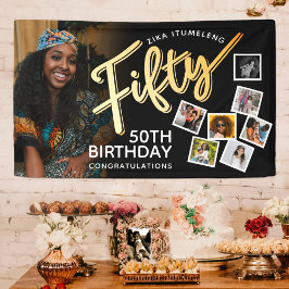 Vijftig gouden 50e verjaardag foto's op zwart spandoek