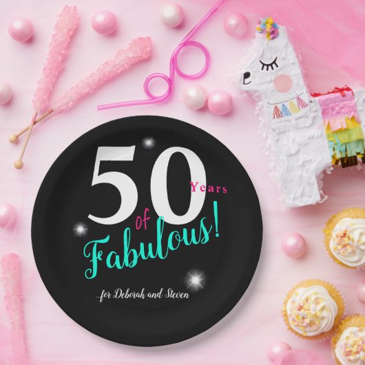 Vijftig jaar Fabulaire, roze, witte blauwgroen tek Papieren Bordje (Feest)