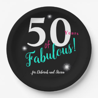 Vijftig jaar Fabulaire, roze, witte blauwgroen tek Papieren Bordje