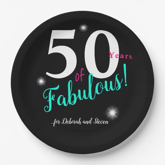 Vijftig jaar Fabulaire, roze, witte blauwgroen tek Papieren Bordje (Voorkant)