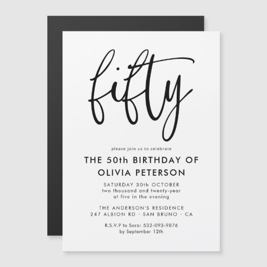 Vijftig | Modern 50e zwart-wit verjaardagsfeest Magnetische Uitnodiging (Voorkant / Achterkant)