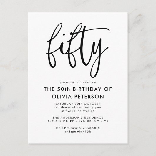 Vijftig | Modern 50e zwart-wit verjaardagsfeest Uitnodiging Briefkaart (Voorkant)
