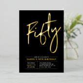vijftig | Modern Goud & Zwart 50ste verjaardagsfee Folie Uitnodiging (Staand Voorkant)