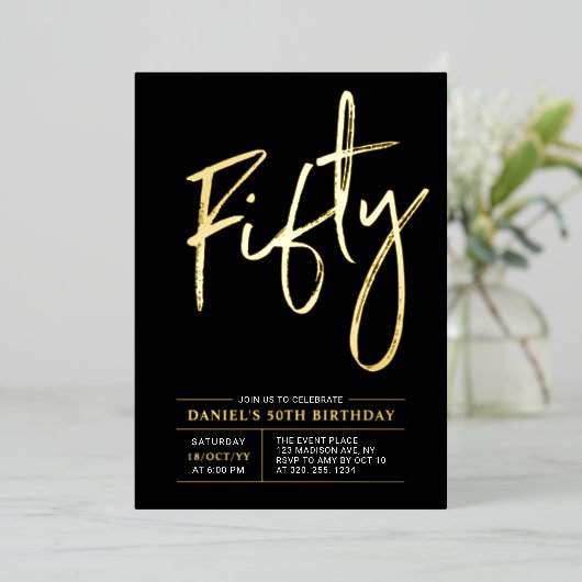 vijftig | Modern Goud & Zwart 50ste verjaardagsfee Folie Uitnodiging (Staand Voorkant)