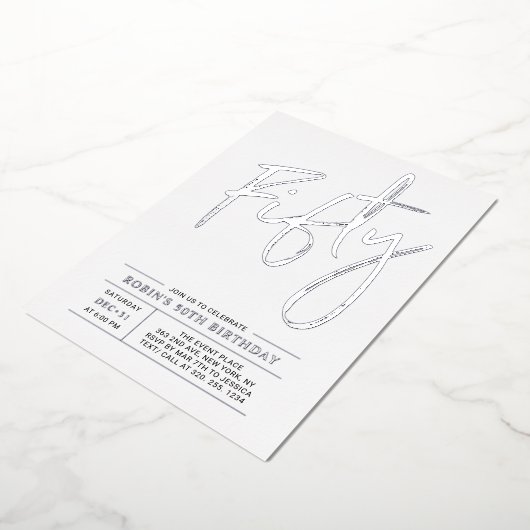 vijftig | Modern Silver 50th Birthday Party Folie Uitnodiging (Gedraaid)