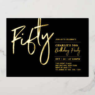 Vijftig   Modern Zwart Goud 50ste Verjaardagsfeest Folie Uitnodiging
