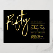 Vijftig | Modern Zwart Goud 50ste Verjaardagsfeest Folie Uitnodiging (Voorkant)