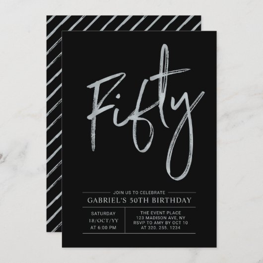 vijftig | Modern Zwart & Zilver 50ste Verjaardagsf Kaart (Voorkant / Achterkant)