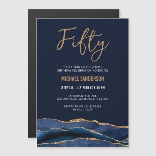 vijftig | Navy Blue Gold Agate Mannen 50th Birthda Magnetische Uitnodiging (Voorkant / Achterkant)