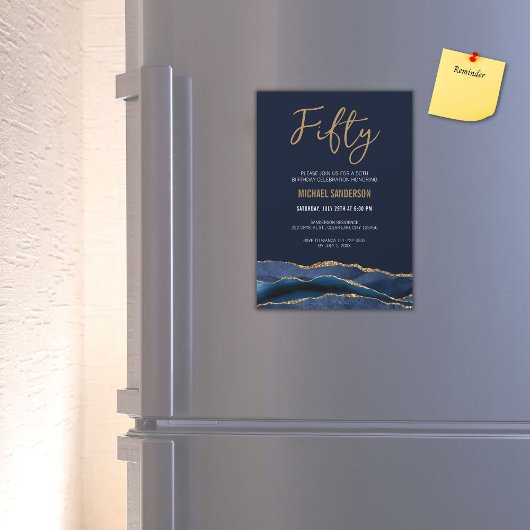 vijftig | Navy Blue Gold Agate Mannen 50th Birthda Magnetische Uitnodiging