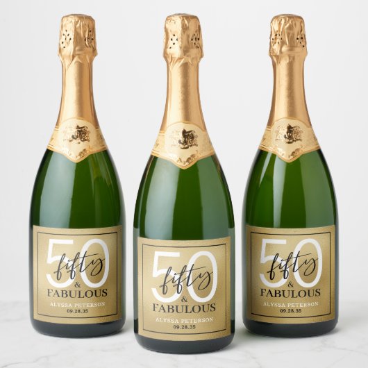 Vijftig & Prachtig Gouden Script 50ste Verjaardag Sparkling Wijnetiket (Flessen)