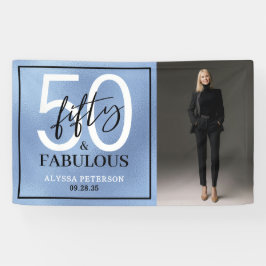 Vijftig & Prachtig Stofblauw Schrift Foto Verjaard Spandoek