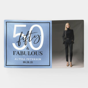 Vijftig & Prachtig Stofblauw Schrift Foto Verjaard Spandoek