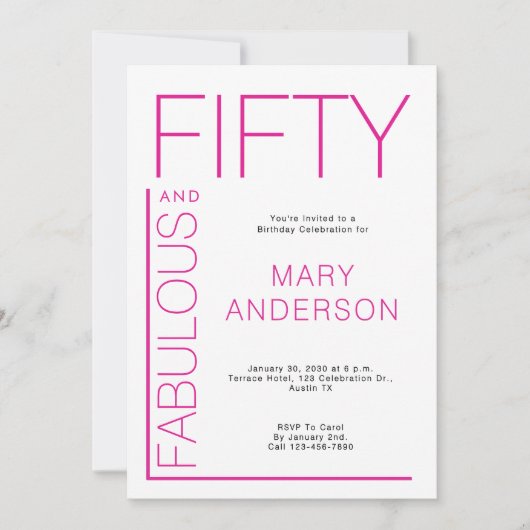 Vijftig roze en Fabulous 50th Birthday Party Kaart (Voorkant)