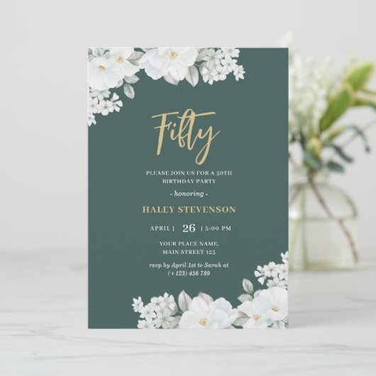 Vijftig Smaragd Groen & Goud Wit Bloemen Verjaarda Kaart (Staand voorkant)