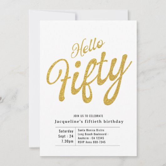 Vijftig witte en goudmatige 50e verjaardag kaart (Voorkant)
