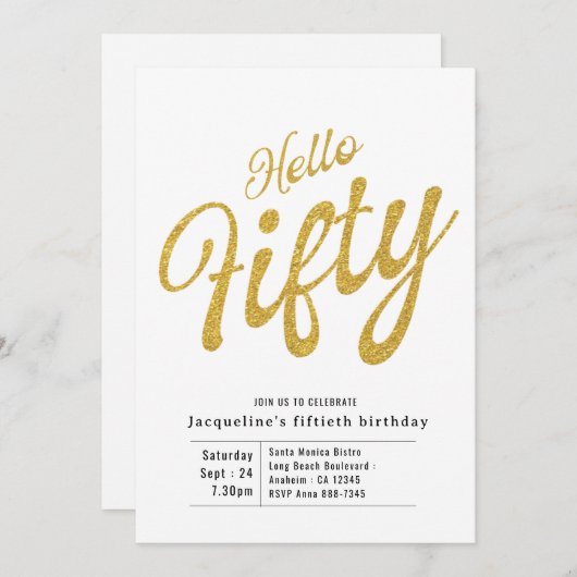 Vijftig witte en goudmatige 50e verjaardag kaart (Voorkant / Achterkant)