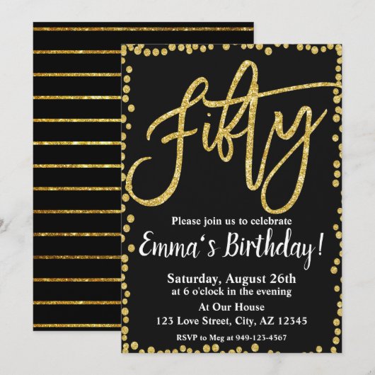 Vijftig zwarte en goudglitter 50ste verjaardag kaart (Voorkant / Achterkant)