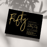 vijftig | Zwarte & Gold Modern 50e verjaardag Kaart<br><div class="desc">Viel je speciale dag in met deze eenvoudige,  stijlvolle uitnodiging voor een vijftigjarig feest. Dit ontwerp is voorzien van een penseelscript "vijftig" met een schone lay-out in combinatie met zwarte en gouden kleuren. Meer design beschikbaar in mijn winkel BaraBomDesign.</div>