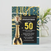 Vijftigste blauwe gouden mousserende wijn viering kaart (Staand voorkant)