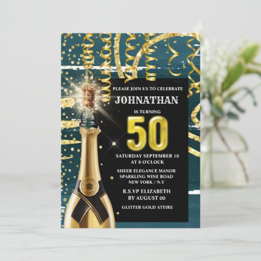 Vijftigste blauwe gouden mousserende wijn viering kaart (Staand voorkant)