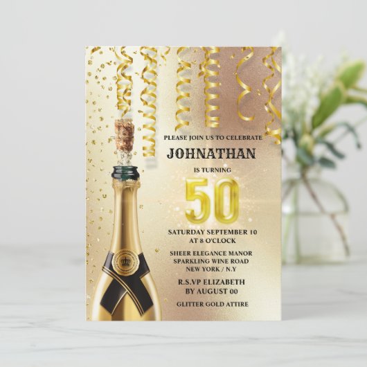 Vijftigste goudglitter-mousserende wijn elegant kaart (Staand voorkant)