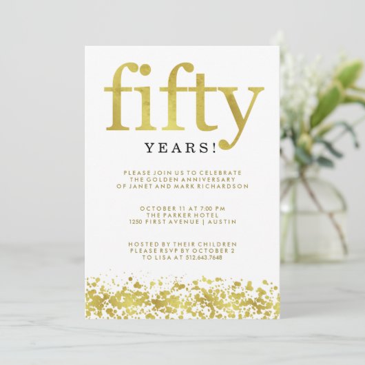 Vijftigste huwelijksverjaardag nepgoudconfetti kaart (Staand voorkant)