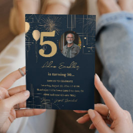 Vijftigste verjaardag ballonnen en vuurwerk kaart