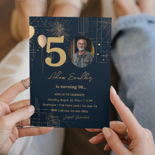 Vijftigste verjaardag ballonnen en vuurwerk kaart