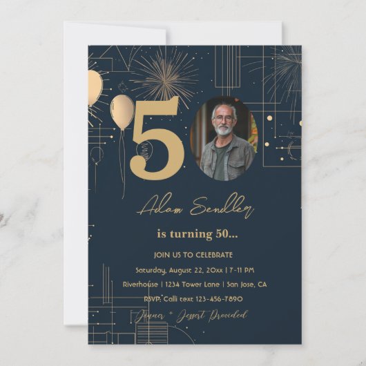 Vijftigste verjaardag ballonnen en vuurwerk kaart (Voorkant)