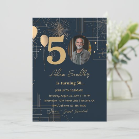 Vijftigste verjaardag ballonnen en vuurwerk kaart (Staand voorkant)