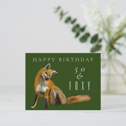 Vijftigste verjaardag groet rode vos vijftig en fo briefkaart (Staand voorkant)