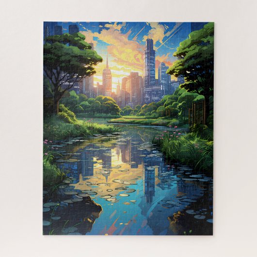 Vijver in een stadspark puzzel (Verticaal)