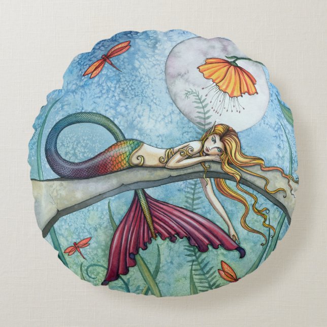 Vijver Zeemeermin Fantasy Kunst van Molly Harrison Rond Kussen (Voorkant)
