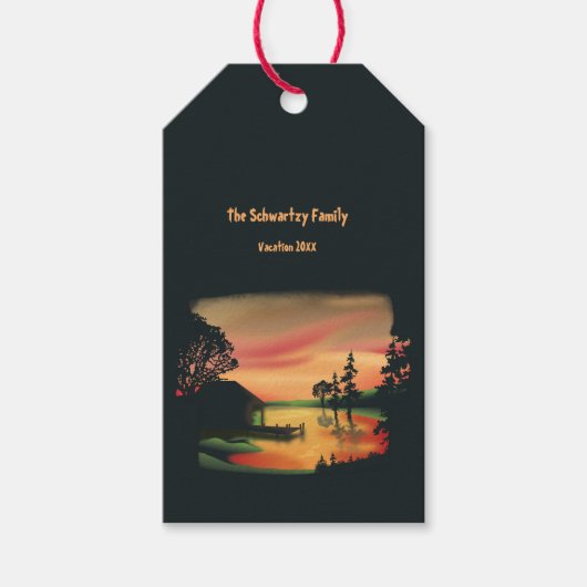  vijver zonsondergang ponton ontsnappen groen rood cadeaulabel (Voorkant)