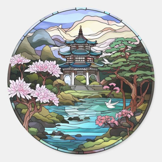 Vijverreflecties: Japanse tempelstickerset Ronde Sticker (Voorkant)
