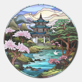 Vijverreflecties: Japanse tempelstickerset Ronde Sticker