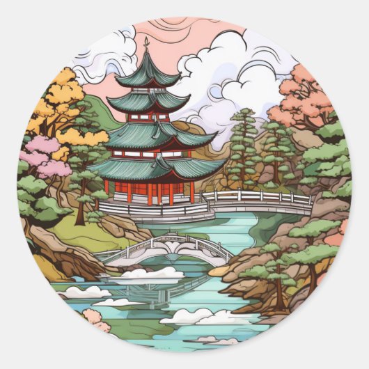 Vijverreflecties: Tempel- en brugkunst Ronde Sticker (Voorkant)