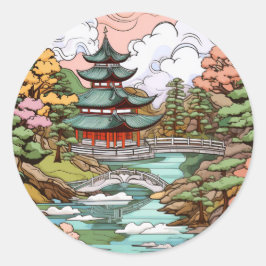 Vijverreflecties: Tempel- en brugkunst Ronde Sticker