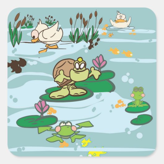 Vijverscène met cartoon Schildpad, eend, vis en ki Vierkante Sticker (Voorkant)