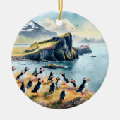 Vik Iceland Puffins Waterverf Keramisch Ornament (Voorkant)