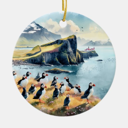 Vik Iceland Puffins Waterverf Keramisch Ornament (Voorkant)