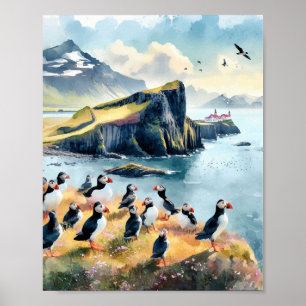 Vik Iceland Puffins Waterverf Poster