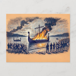 Viking begrafenis in pastel krijttekening briefkaart